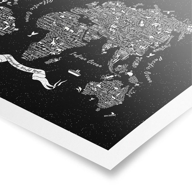 Poster - Typografie Weltkarte schwarz - Querformat 2:3