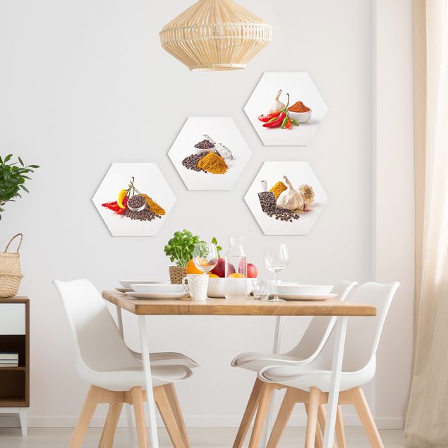 Hexagon Wandbild Chili Knoblauch und Gewürz - Sets