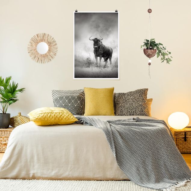 Poster schwarz-weiß Fotografie Staring Wildebeest