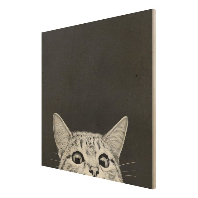Holzbild - Illustration Katze Schwarz Weiß Zeichnung - Quadrat 1:1