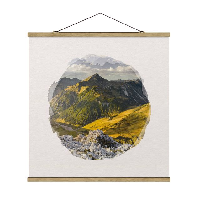 Stoffbild mit Posterleisten - Wasserfarben - Berge und Tal der Lechtaler Alpen in Tirol - Quadrat 1:1