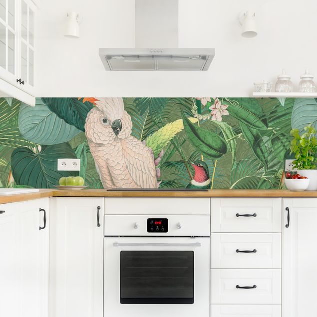 Glasrückwand Küche Blumen Vintage Collage - Kakadu und Kolibri