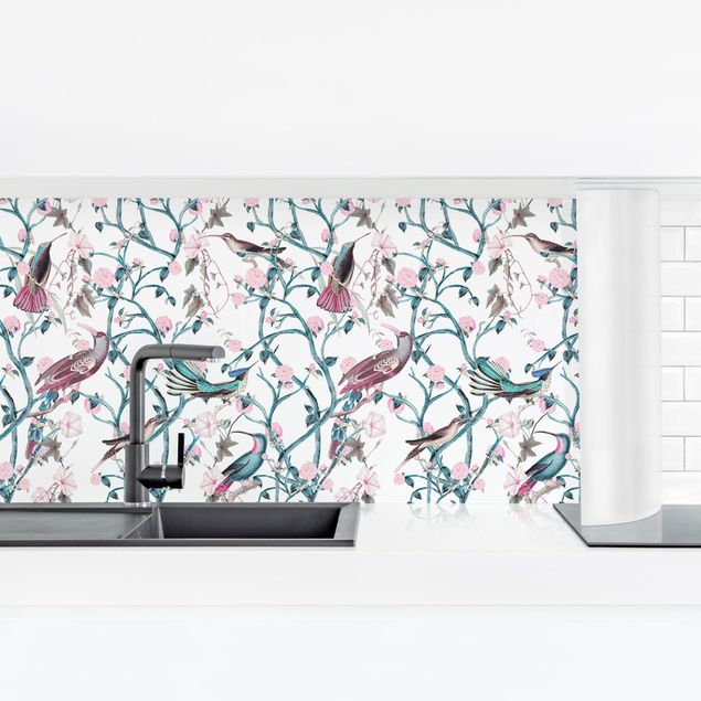 Küche Wandpaneel Rosa Blumenranken mit Vögeln in Blau