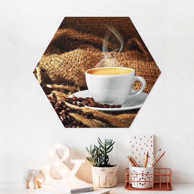 Hexagon Wandbild Kaffee am Morgen