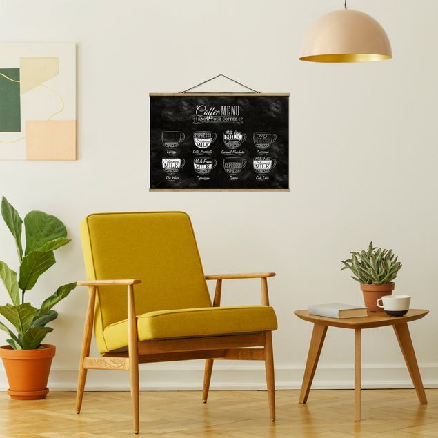 Stoffbilder mit Posterleisten Kaffeesorten Kreidetafel