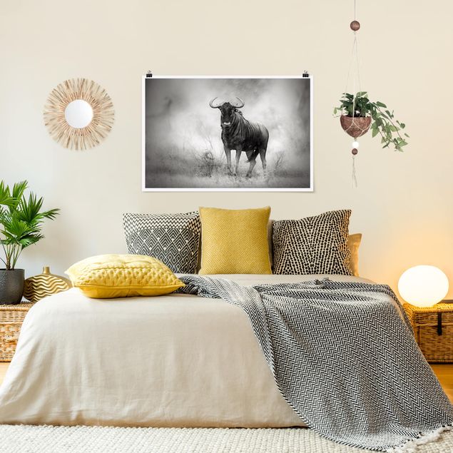 schwarz-weiß Poster Staring Wildebeest
