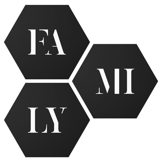Hexagon Bild Forex 3-teilig - Buchstaben FAMILY Weiß Set I