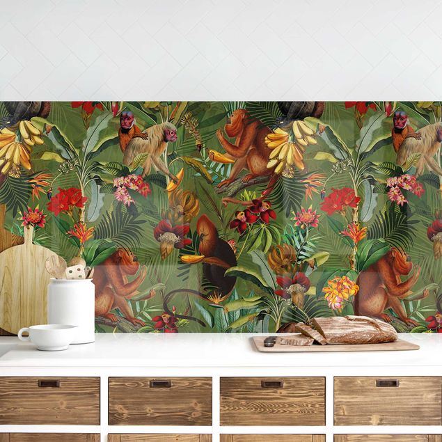 Platte Küchenrückwand Tropische Blumen mit Affen I
