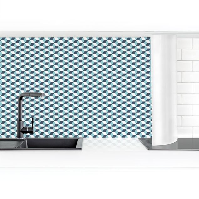 Küchenrückwand selbstklebend Geometrischer Fliesenmix Würfel Türkis