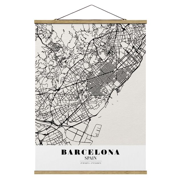 Stoffbild mit Posterleisten - Stadtplan Barcelona - Klassik - Hochformat 3:4