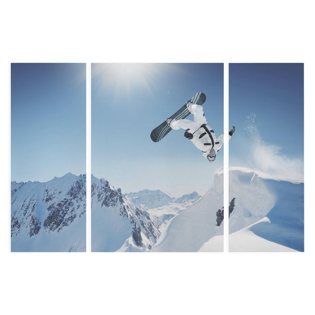 Leinwandbild 3-teilig - Fliegender Snowboarder - Triptychon