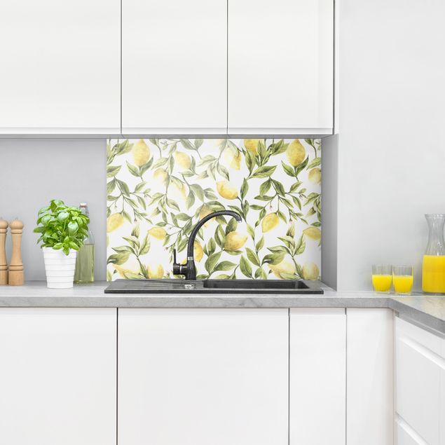 Spritzschutz Künstler Fruchtige Zitronen mit Blättern