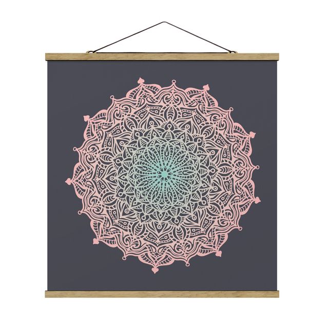 Stoffbild mit Posterleisten - Mandala Ornament in Rose und Blau - Quadrat 1:1