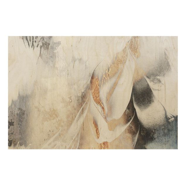 Holzbild - Goldene abstrakte Wintermalerei - Querformat 2:3