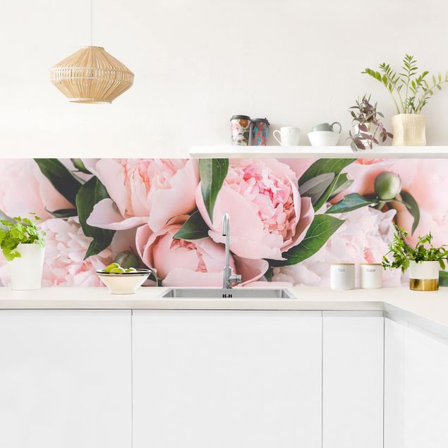 Wandpaneele Küche Rosa Pfingstrosen mit Blättern