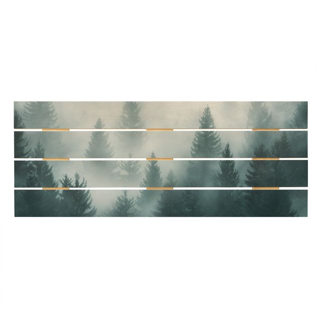Holzbild - Nadelwald im Nebel - Querformat 2:5