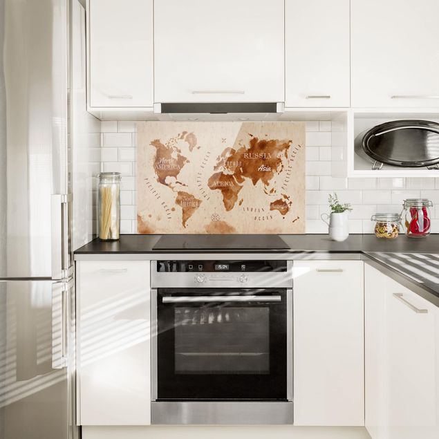 Spritzschutz Küche Weltkarte Aquarell beige braun