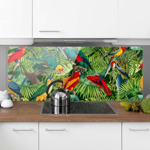 Spritzschutz Glas - Bunte Collage - Papageien im Dschungel - Panorama