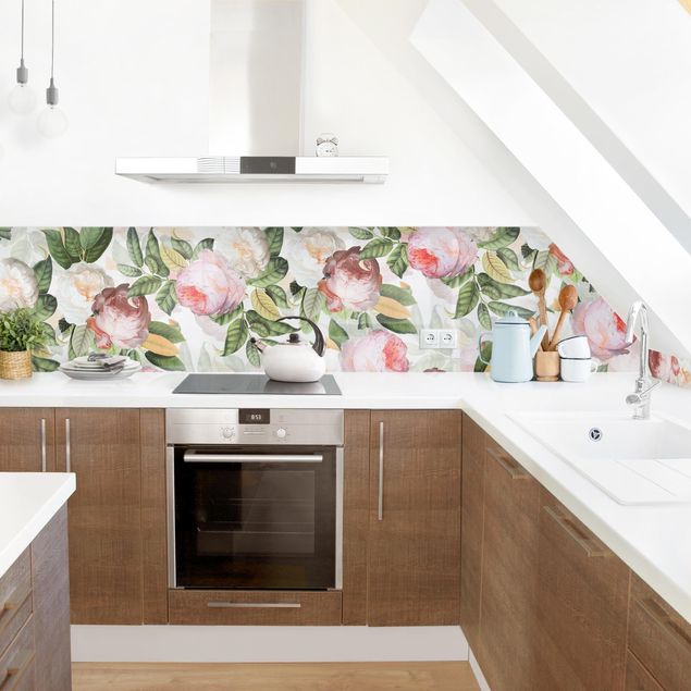 Küche Wandpaneel Pfingstrosen mit Blättern