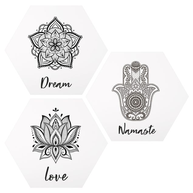 Hexagon Bild Forex 3-teilig - Mandala Namaste Lotus Set Schwarz Weiß