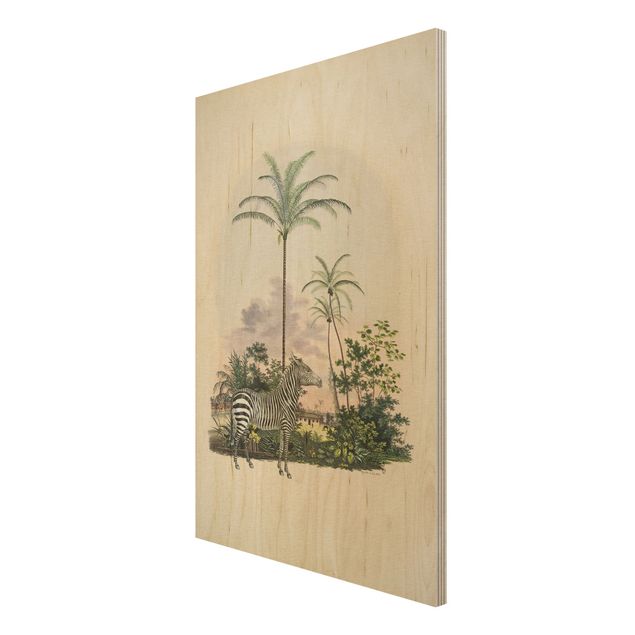 Wandbild Holz Zebra vor Palmen Illustration