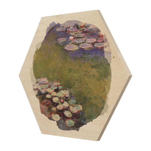 Hexagon Bild Holz - Wasserfarben - Claude Monet - Seerosen