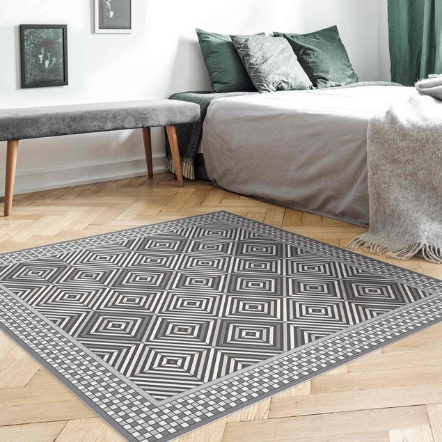 Outdoor Teppich Geometrische Fliesen Strudel Grau mit Mosaikrahmen