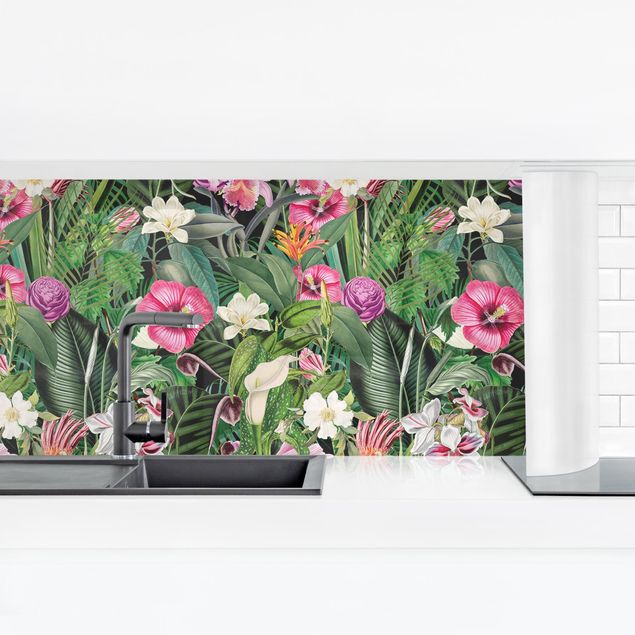 Wandpaneele Küche Bunte tropische Blumen Collage