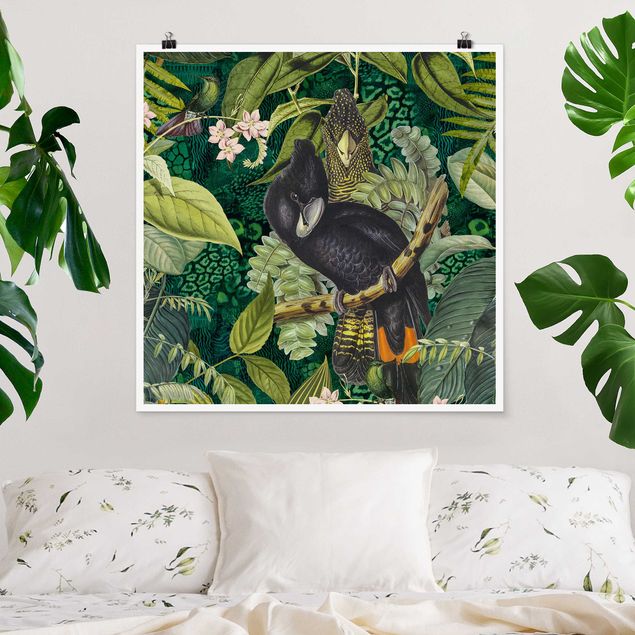 Wand Poster XXL Bunte Collage - Kakadus im Dschungel