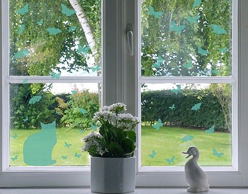 Fensterfolie - Fenstertattoo No.RS68 Katze und Schmetterlinge - Milchglasfolie