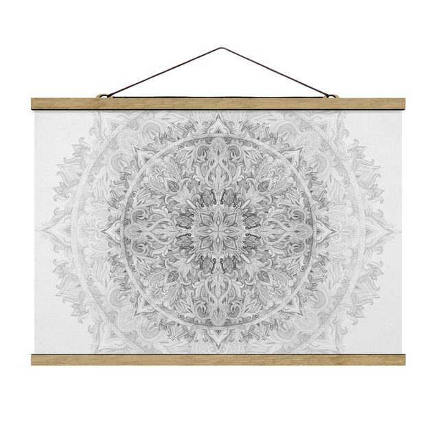 Stoffbild mit Posterleisten - Mandala Aquarell Ornament Muster schwarz weiß - Querformat 3:2