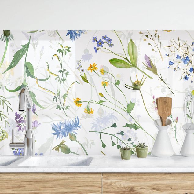 Platte Küchenrückwand Blumenwiese als Aquarell