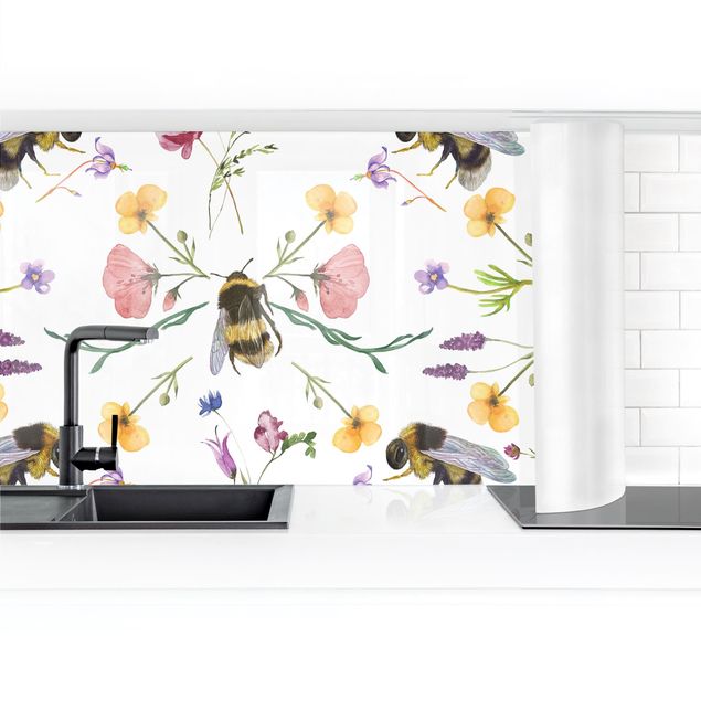 Küchenrückwand selbstklebend Bienen mit Blumen
