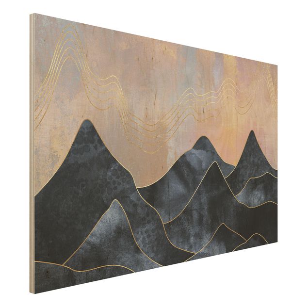 Holzbilder Muster Goldene Dämmerung über Gebirge
