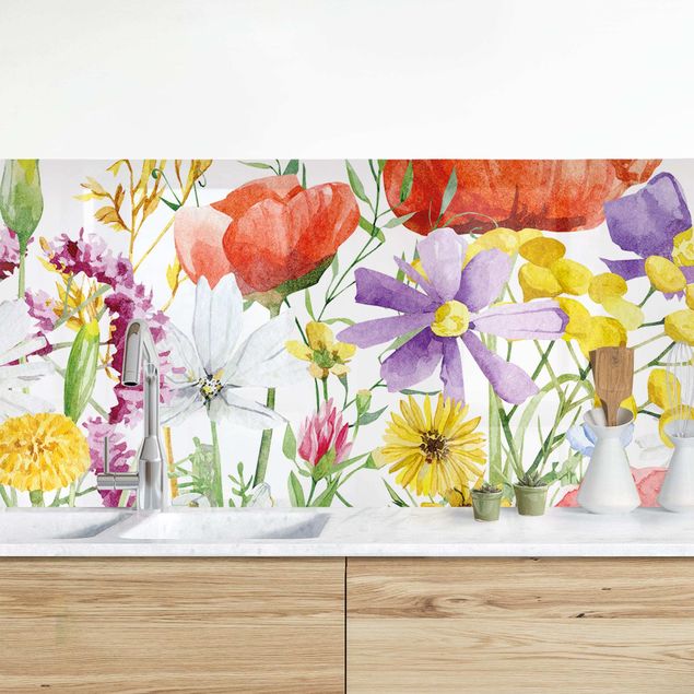 Platte Küchenrückwand Aquarellierte Blumen