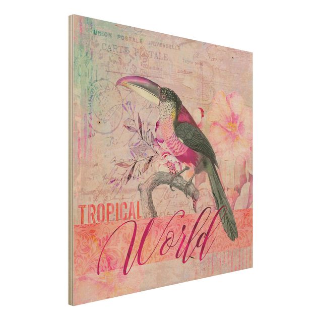 Holzbild Blumen Vintage Collage - Tropical World Tucan