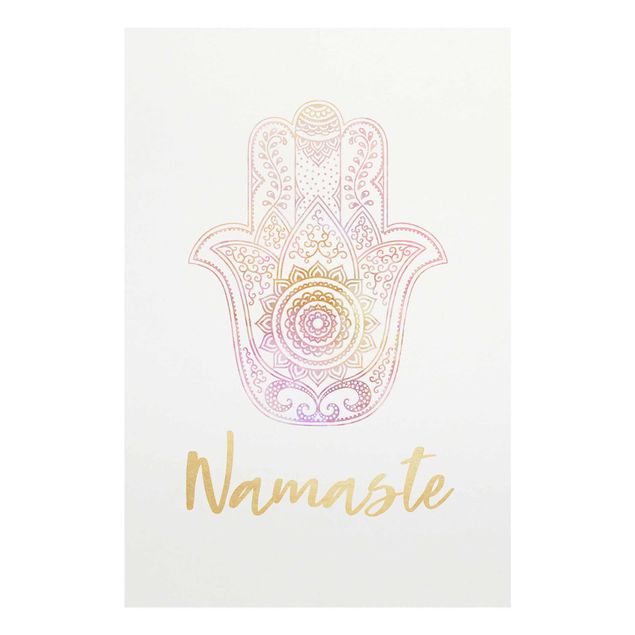 Glasbild - Hamsa Hand Illustration Namaste gold rosa - Querformat 2:3
