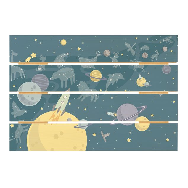 Holzbild - Planeten mit Sternzeichen und Raketen - Querformat 2:3