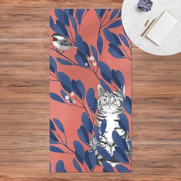 Teppichläufer Illustration Katze und Vogel auf Ast Blau Rot