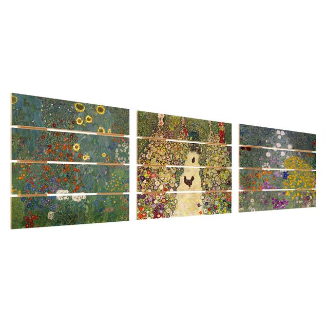 Holzbild 3-teilig - Gustav Klimt - Im Garten - Quadrate 1:1