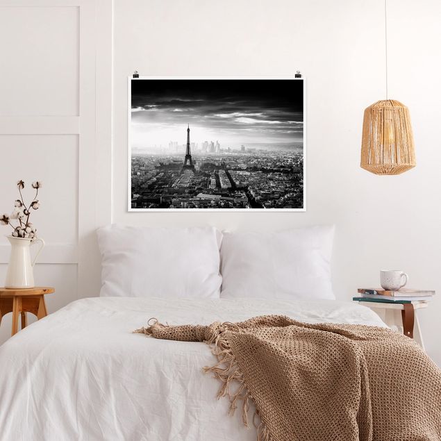 Poster schwarz-weiß Fotografie Der Eiffelturm von Oben Schwarz-weiß