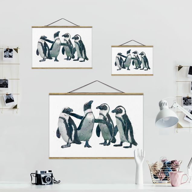 Stoffbild mit Posterleisten - Laura Graves - Illustration Pinguine Schwarz Weiß Aquarell - Querformat 3:2