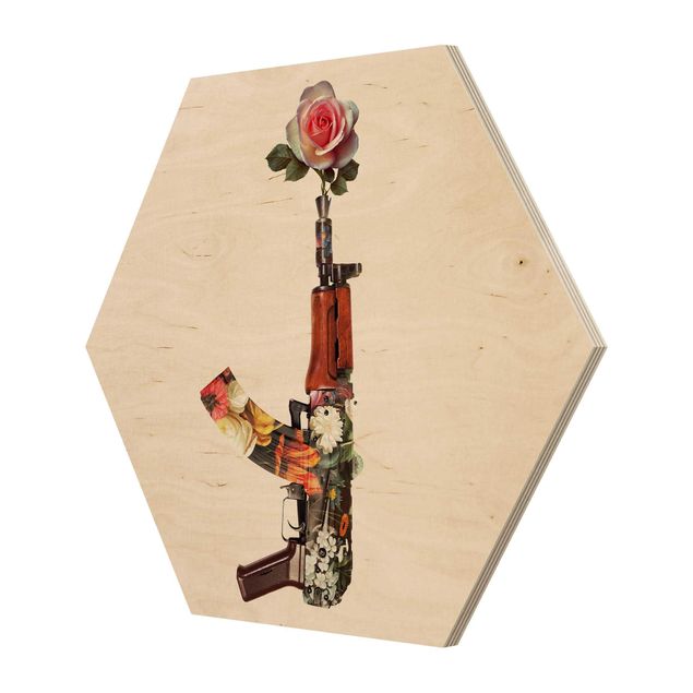 Hexagon Bild Holz - Jonas Loose - Waffe mit Rose