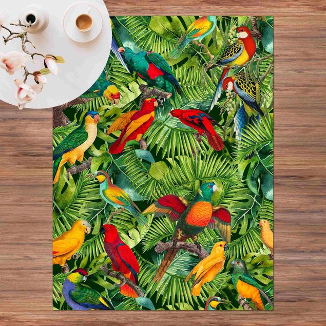 Balkon Teppich Bunte Collage - Papageien im Dschungel
