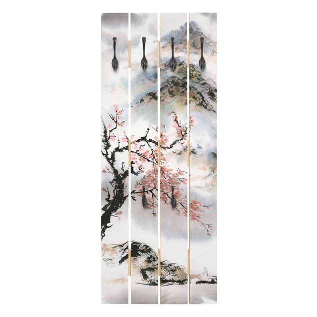 Garderobe mit Motiv Japanische Aquarell Zeichnung Kirschbaum und Berge