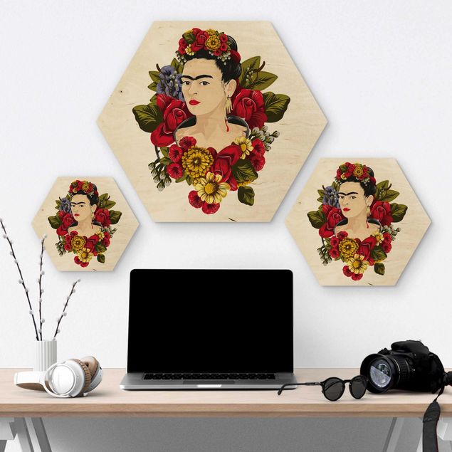 Hexagon Bild Holz - Frida Kahlo - Rosen