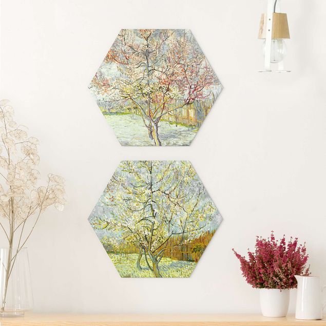 Hexagon Bild Alu-Dibond 2-teilig - Vincent van Gogh - Blühende Pfirsichbäume im Garten