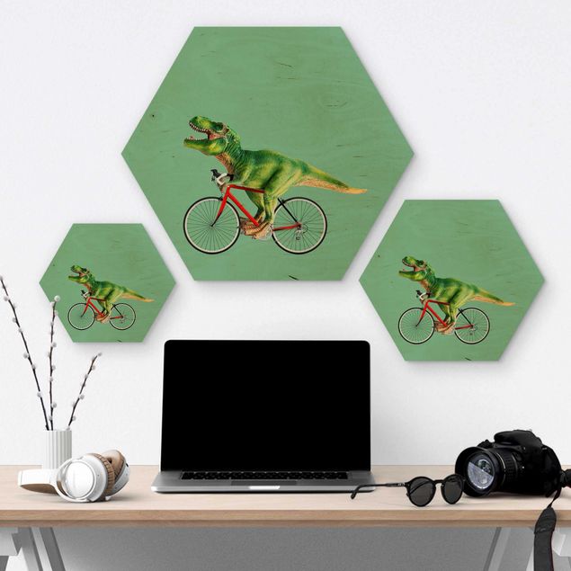 Hexagon Bild Holz - Jonas Loose - Dinosaurier mit Fahrrad