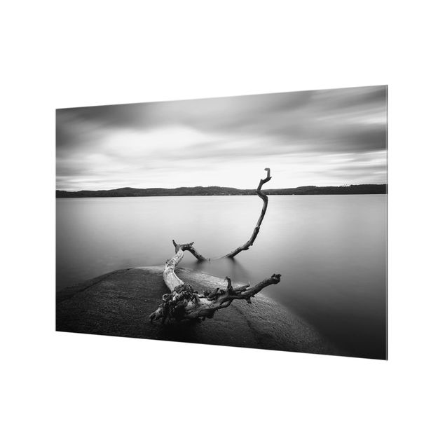 Spritzschutz Glas - Sonnenuntergang am See schwarz-weiß - Querformat - 3:2