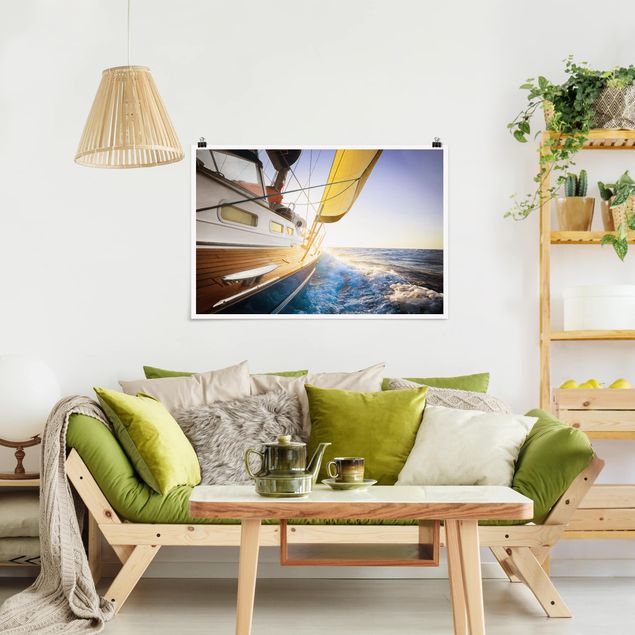 Landschaft Poster kaufen Segelboot auf blauem Meer bei Sonnenschein